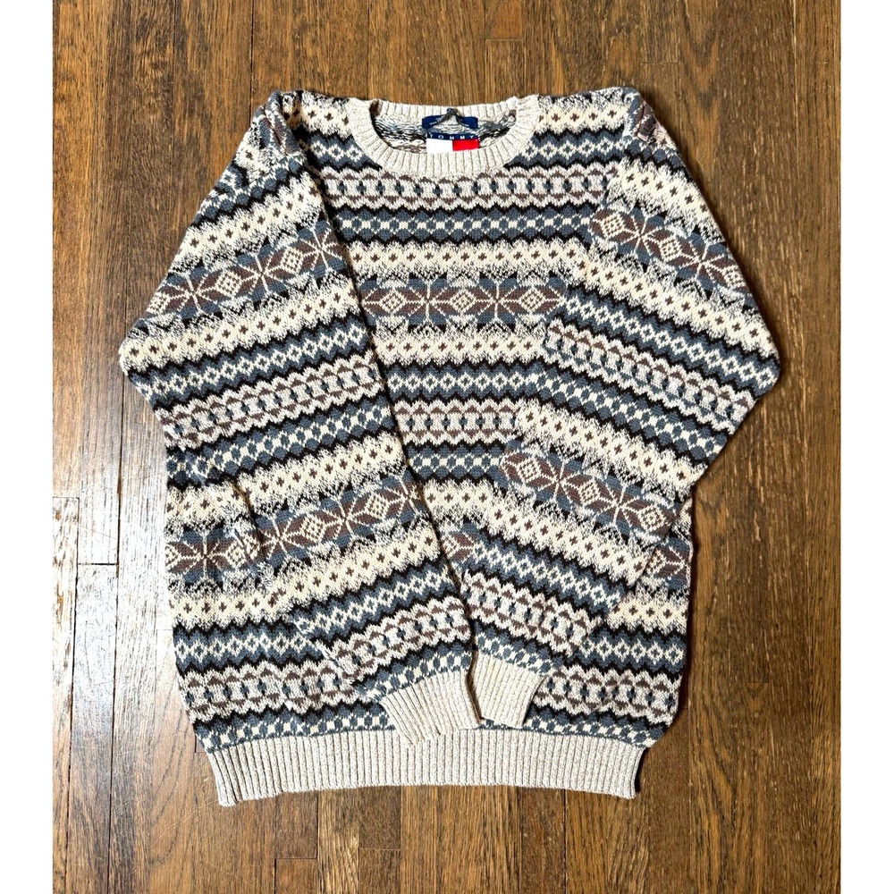 Tommy Hilfiger Men's L Fair Isle Crewneck Cotton Knit Logo Pullover Sweater